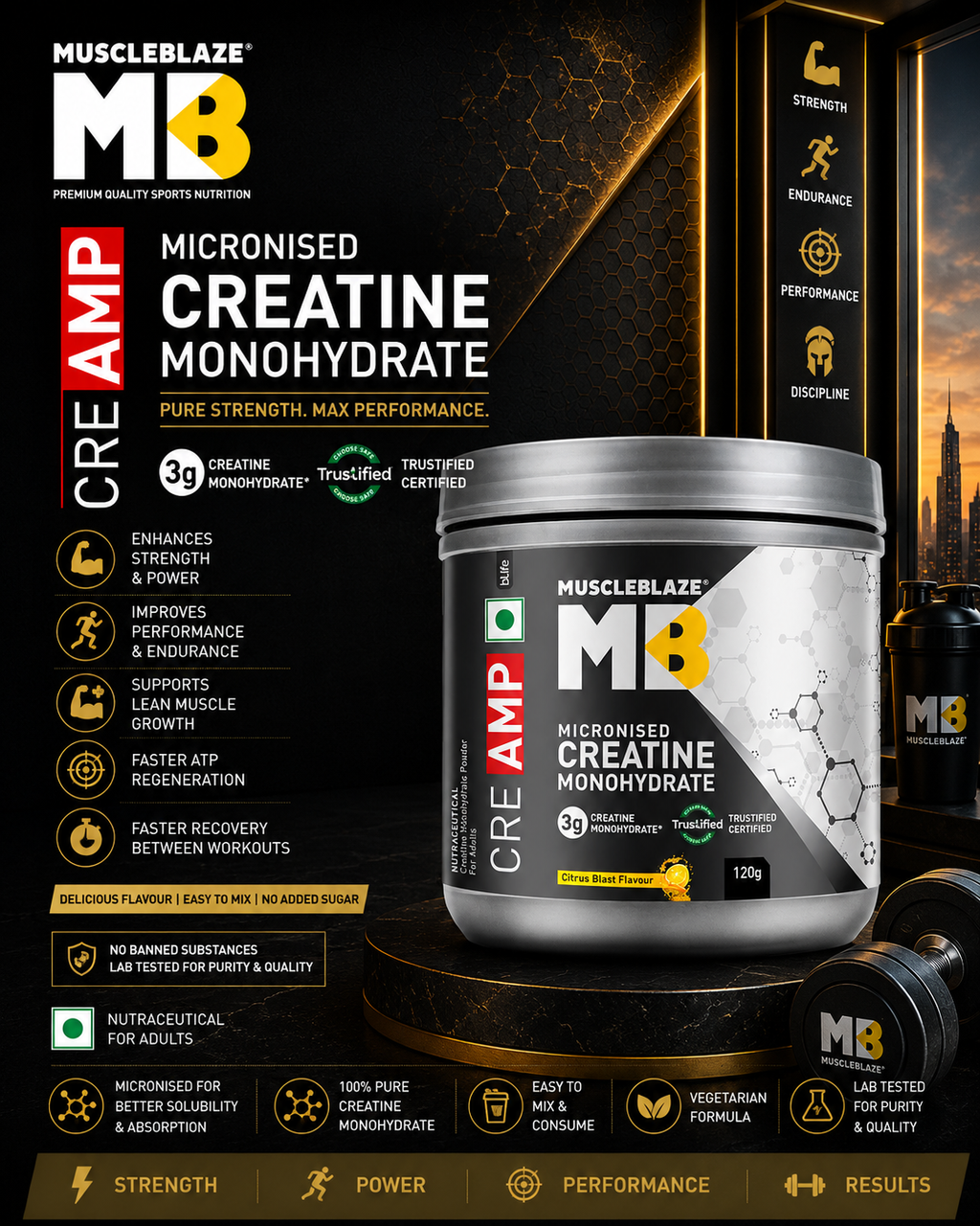 MuscleBlaze Creatine Monohydrate CreAMP I 120g I Citrus Blast