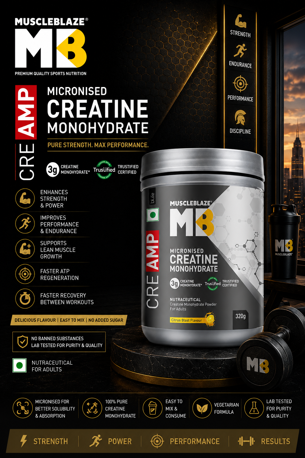 MuscleBlaze Creatine Monohydrate CreAMP I 320g I Citrus Blast