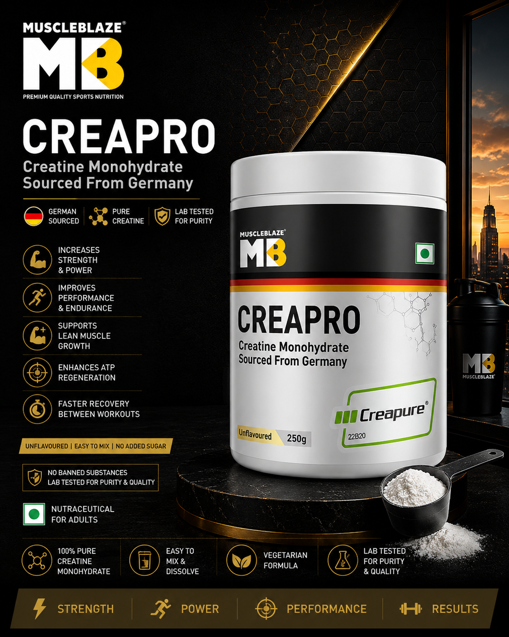 MuscleBlaze CreaPRO Creatine with Creapure® Powder from Germany I 100g I Unflavoured