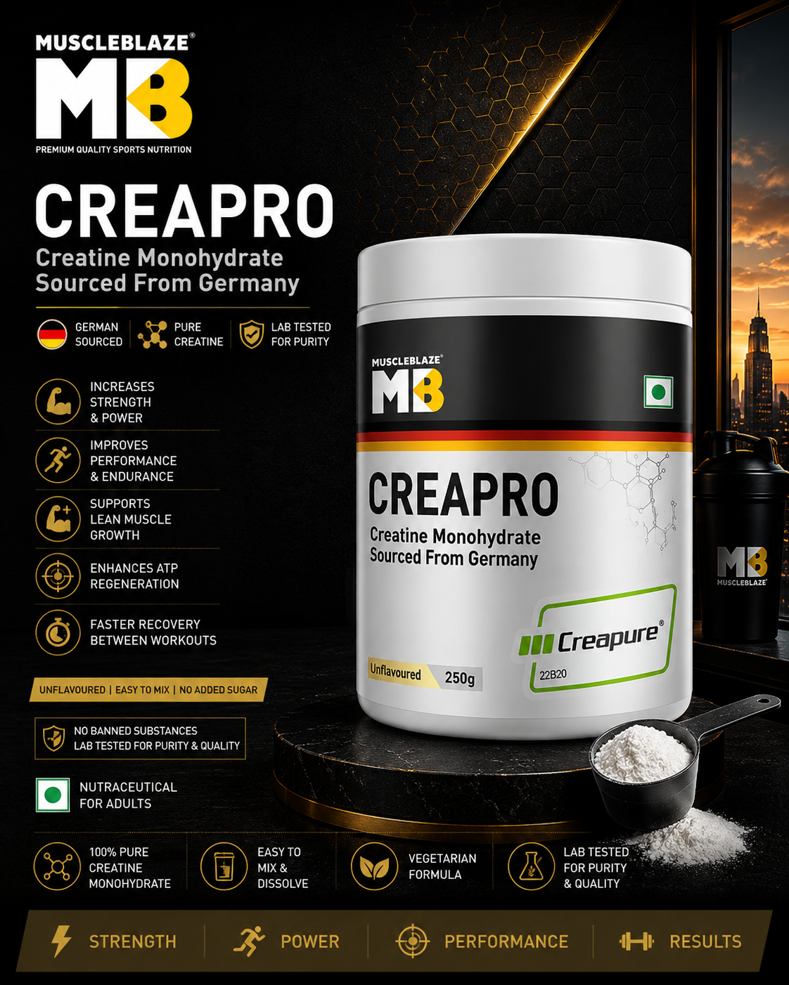 MuscleBlaze CreaPRO Creatine with Creapure® Powder from Germany I 100g I Unflavoured