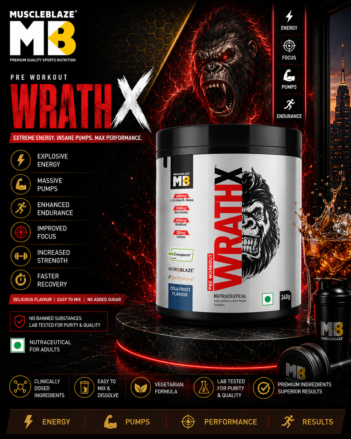 MuscleBlaze Pre-Workout WrathX I 340g I Fruit Puch