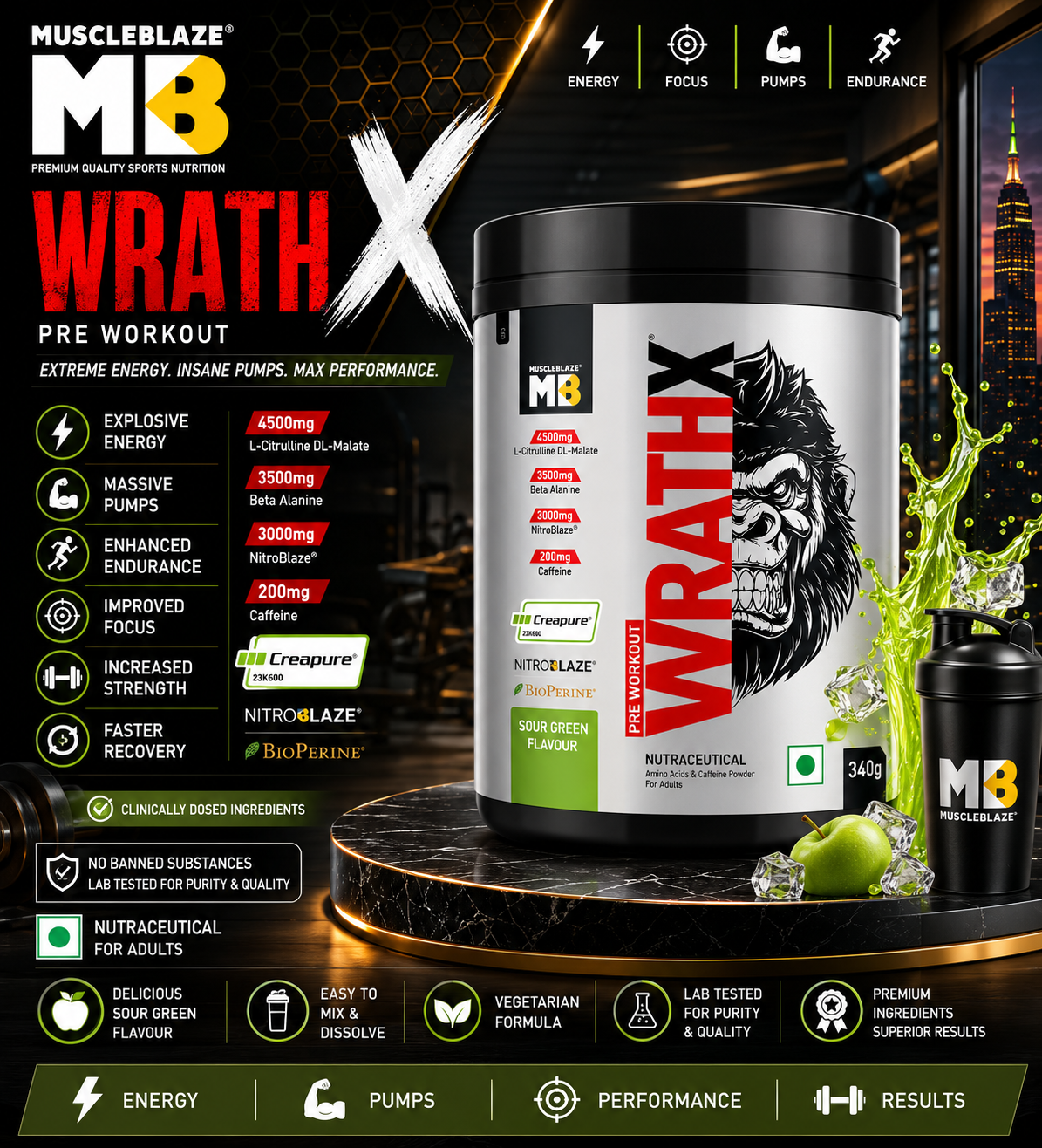MuscleBlaze Pre-Workout WrathX I 340g I Sour Green