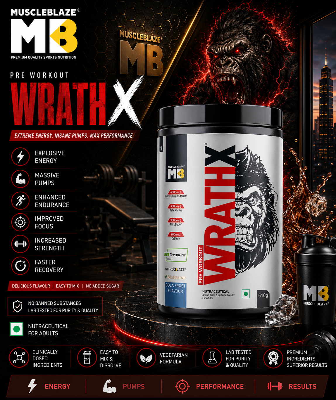 MuscleBlaze Pre-Workout WrathX I 510g I Fruit Puch