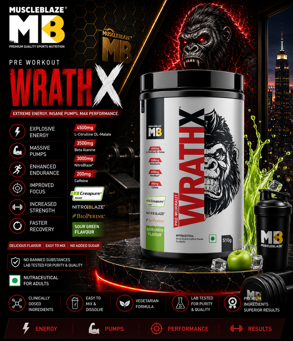 MuscleBlaze Pre-Workout WrathX I 510g I Sour Green