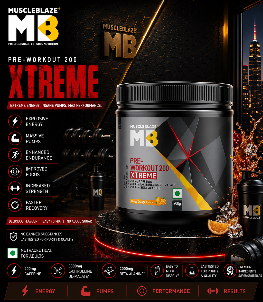 MuscleBlaze Pre-Workout 200 Xtreme I 200g I Tangy Orange