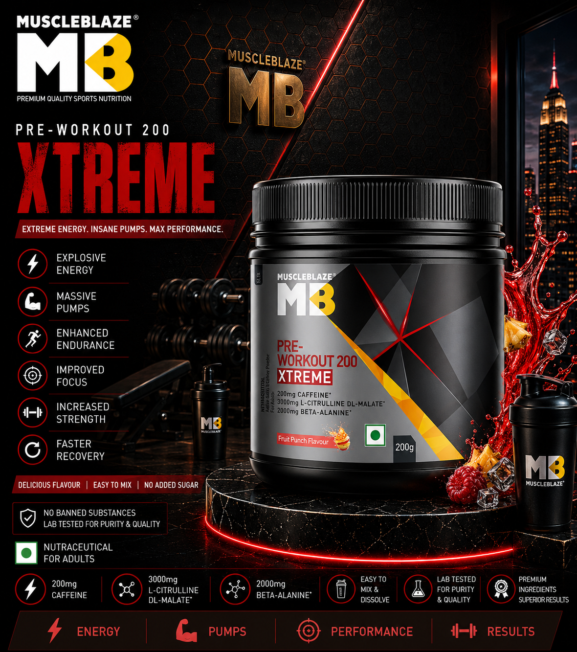 MuscleBlaze Pre-Workout 200 Xtreme I 200g I Fruit Punch