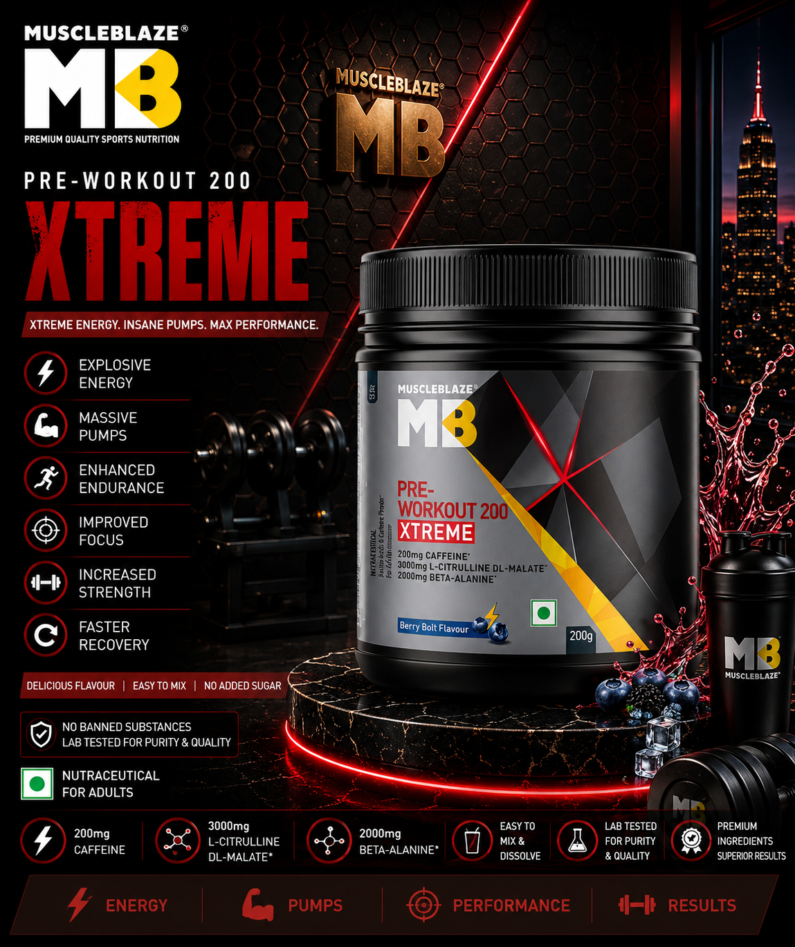 MuscleBlaze Pre-Workout 200 Xtreme I 200g I Berry Bolt