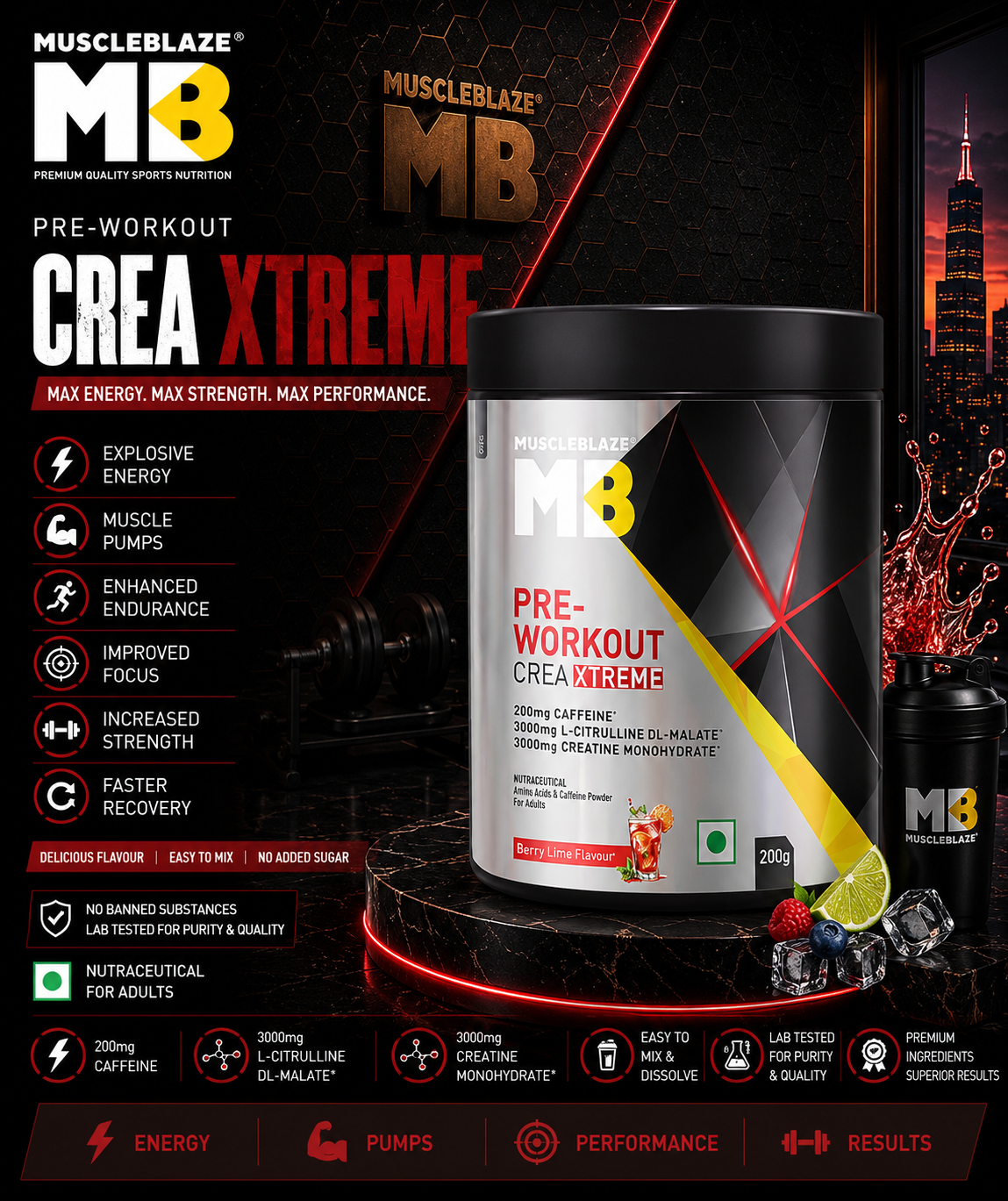 MuscleBlaze Pre-Wprkout Crea-Xtreme I 200g I Berry Lime