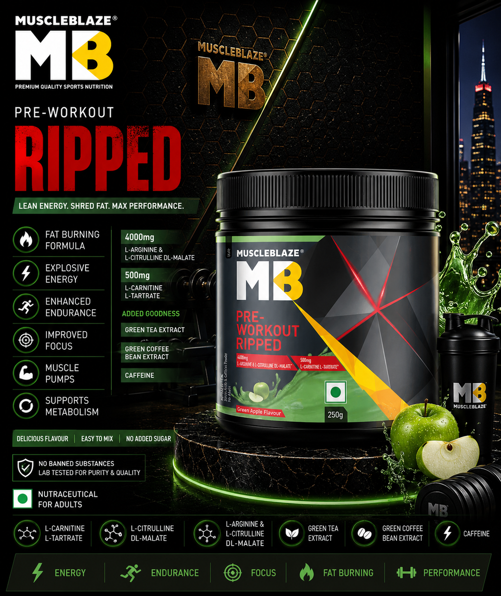MuscleBlaze Pre-Workout Ripped I 250g I Green Apple