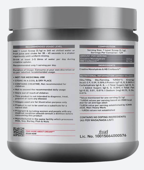 MuscleBlaze Creatine Monohydrate CreAMP I 400g I Unflavoured