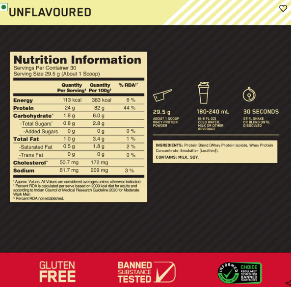 Optimum Nutrition Gold Standard 100% Whey Protein I 907g I Unflavoured