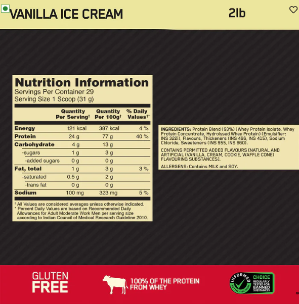 Optimum Nutrition Gold Standard 100% Whey Protein I 907g I Vanilla Ice Cream