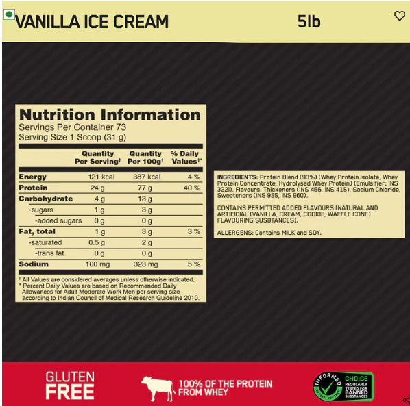 Optimum Nutrition Gold Standard 100% Whey Protein I 2.27Kg I Vanilla Ice Cream