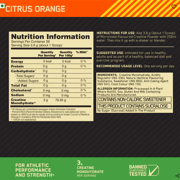 Optimum Nutrition Miconised Creatine Powder I 100g I Citrus Orange