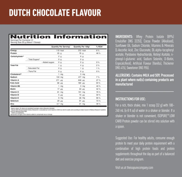 Isopure Whey Protein Isolate with Vitamins I 1kg I Dutch Chocolate