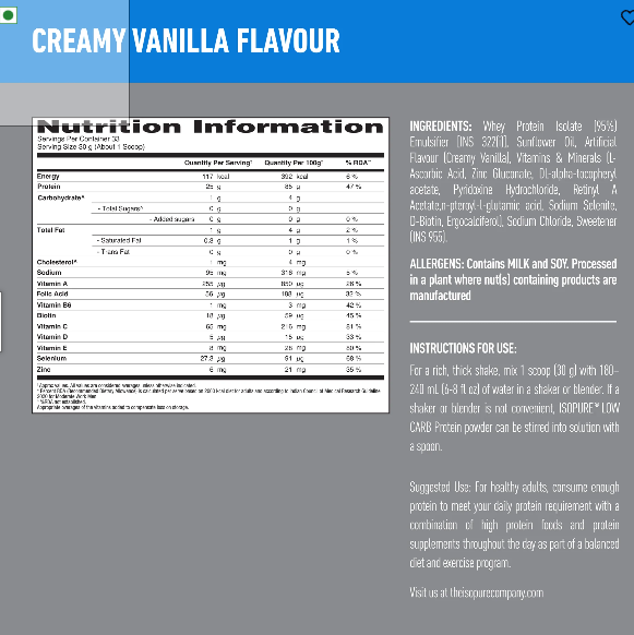 Isopure Whey Protein Isolate with Vitamins I 1kg I Creamy Vanilla