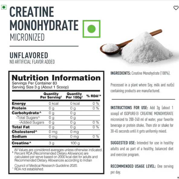 Isopure 100% Creatine Monohydrate Micronised I 250g I Unflavoured